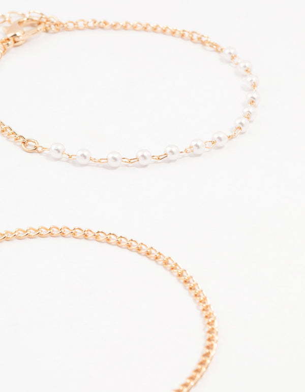 Gold Pearl Paperclip Chain Bracelet 4-Pack