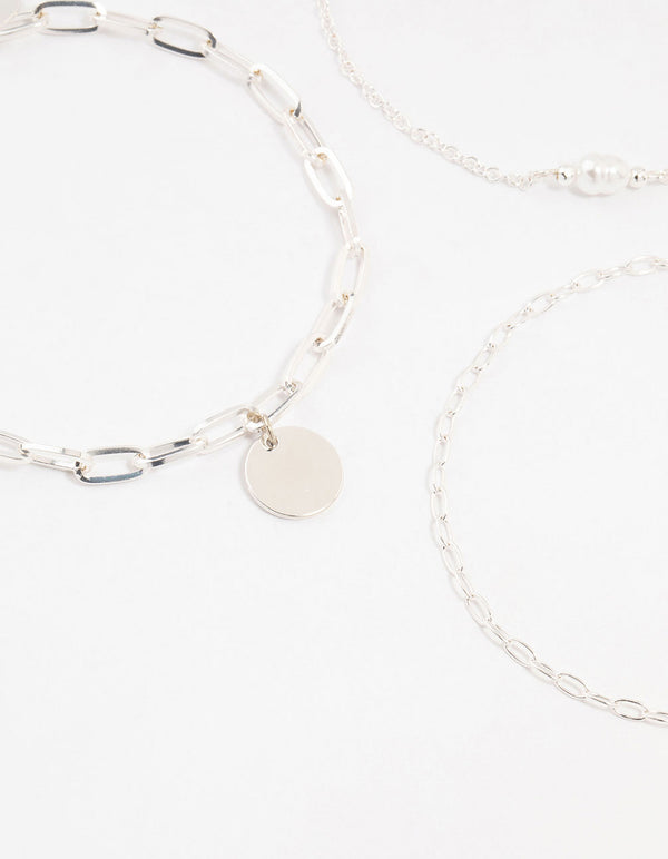 Silver Pearl Disc Drop Anklets 3-Pack