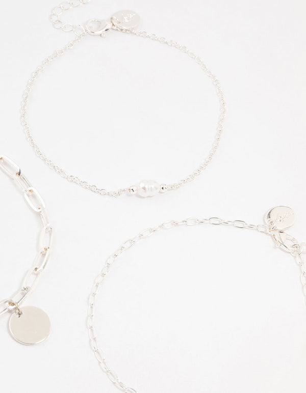 Silver Pearl Disc Drop Anklets 3-Pack