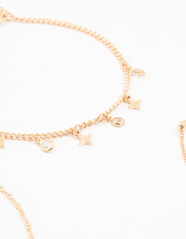 Gold Diamante Star Drop Anklets 3-Pack