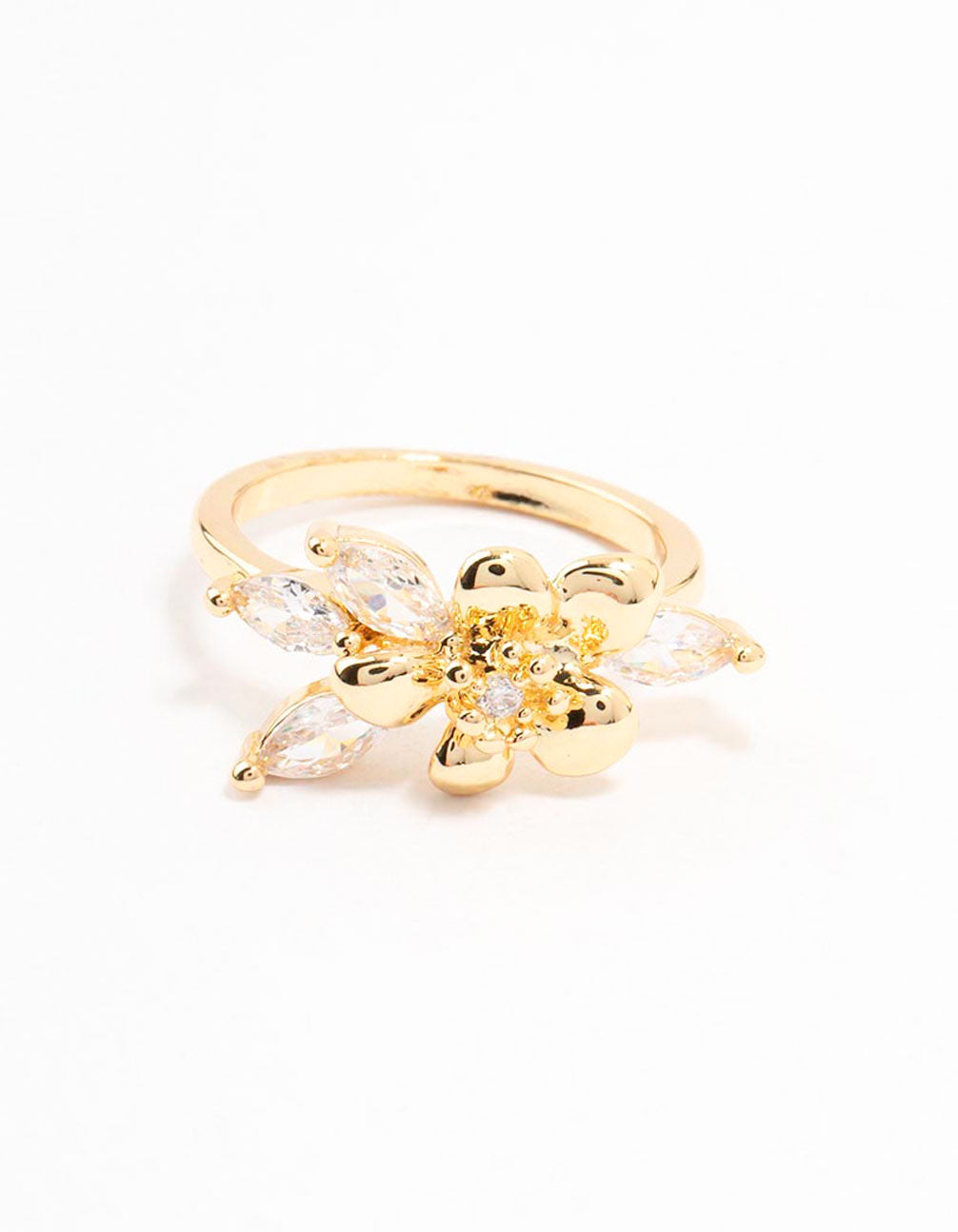 Featuring a floral pattern, this gold plated fine flower cubic zirconia ring showcases statement style close up view