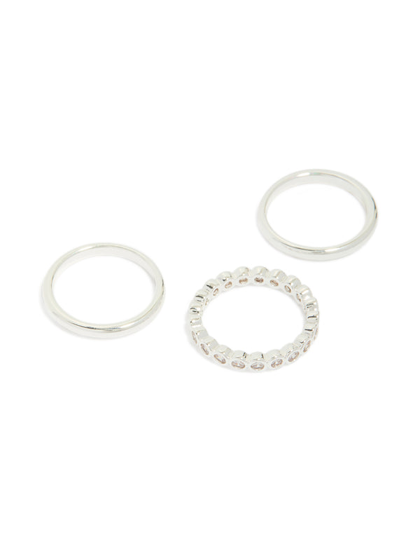 Silver Plated Fine Round Cubic Zirconia Stacking Rings 3-Pack