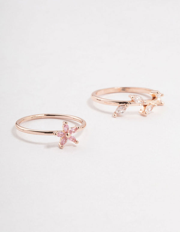 Showcasing rose gold flower vine cubic zirconia rings in a 2-pack front view