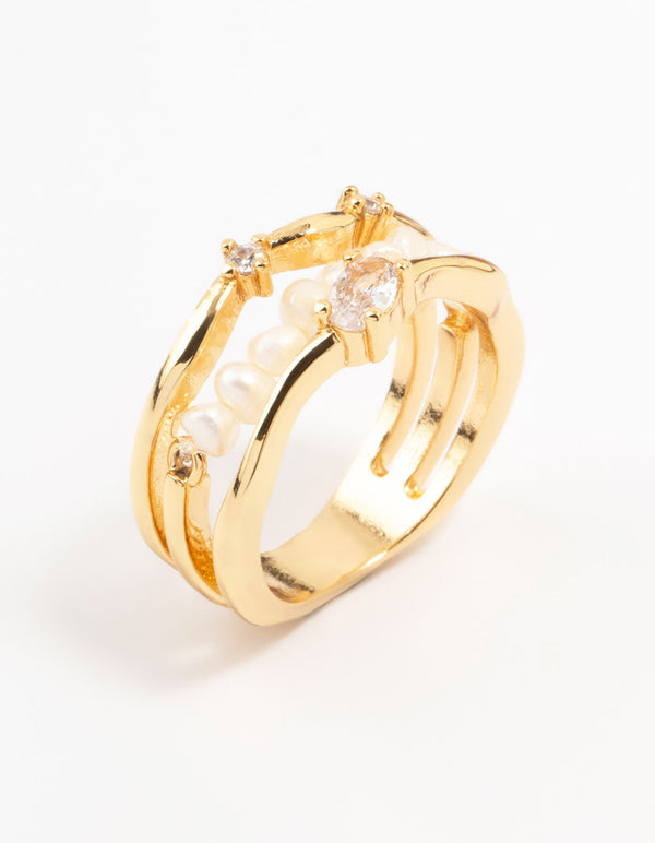 Gold Plated Nestled Pearl Multirow Ring
