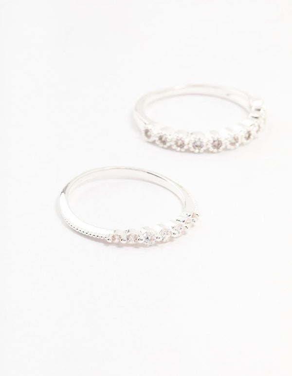 Featuring silver plated fine round cubic zirconia stackable rings in a 3-pack close up view