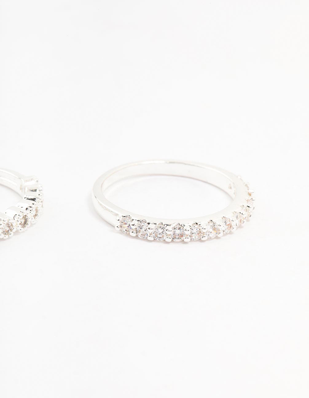 Designed with round cubic zirconia in silver plated stackable 3-pack style side detail view