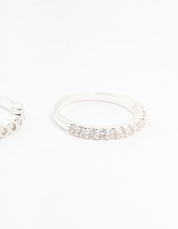 Designed with round cubic zirconia in silver plated stackable 3-pack style side detail view