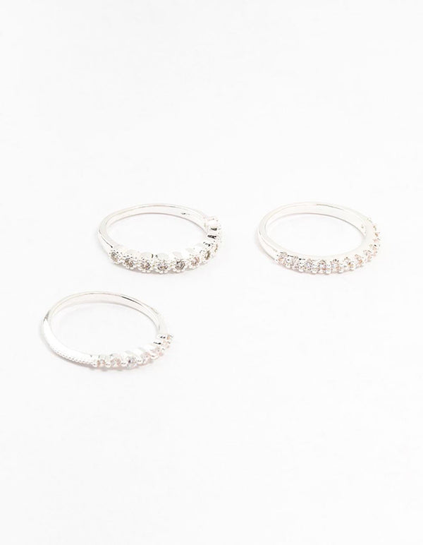 Crafted from silver plated metal with round cubic zirconia stones in a stackable 3-pack design front view