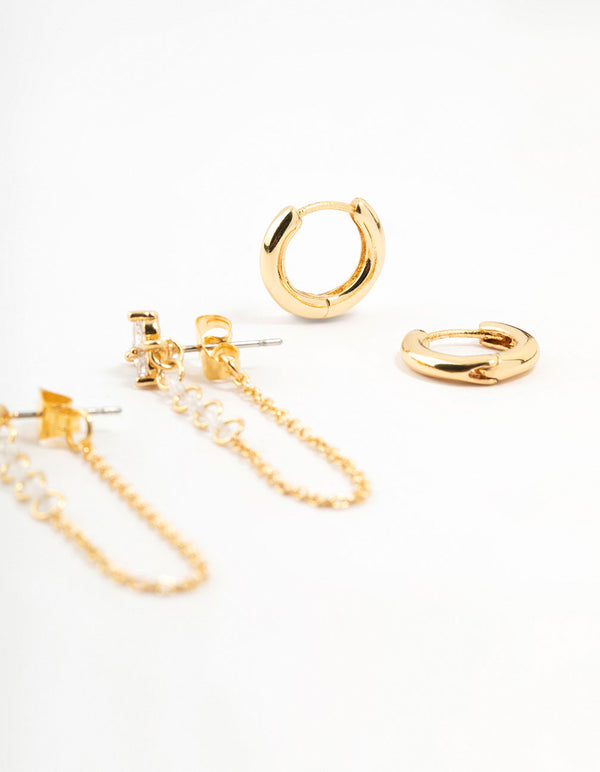 Gold Plated Cubic Zirconia Chain & Hoop Earrings 3-Pack