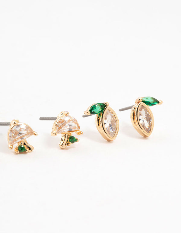 Gold Cubic Zirconia Mixed Fruit Stud Earrings 3-Pack