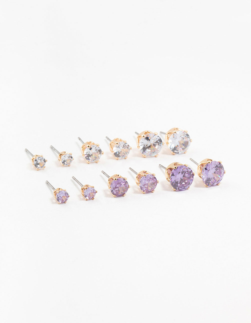 Gold Round Silver & Purple Cubic Zirconia Stud Earrings 6-Pack