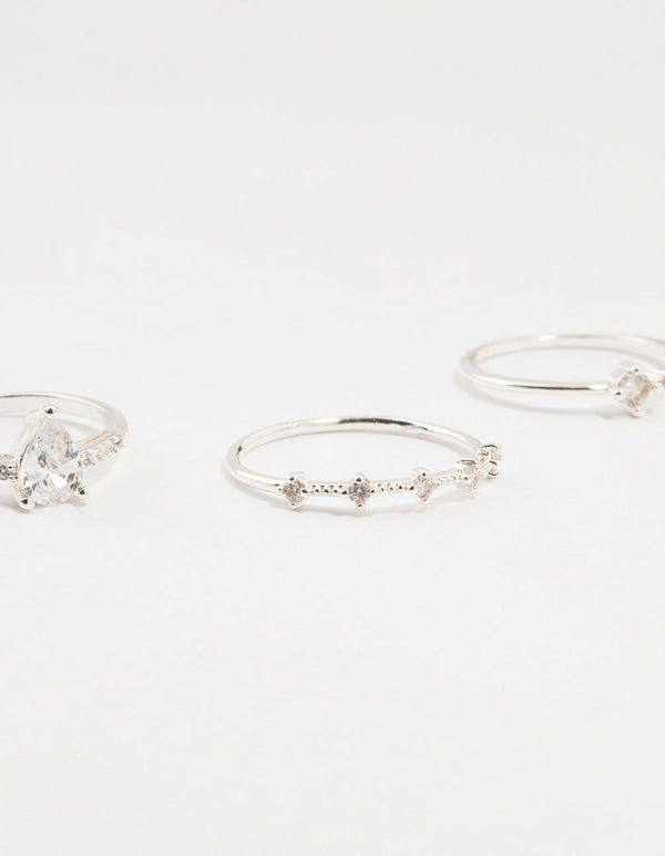 Silver Fine Pear Shaped Cubic Zirconia Rings 5-Pack