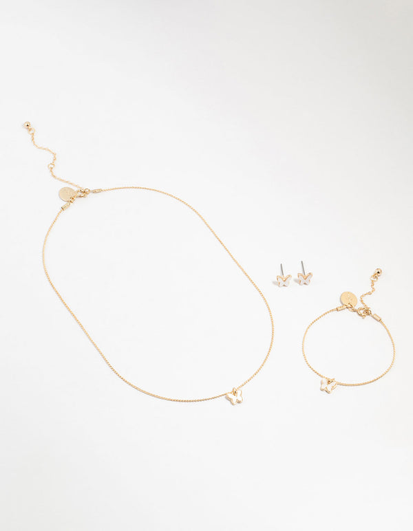 Kids Gold Butterfly Necklace & Earrings & Wrist Cuff Set