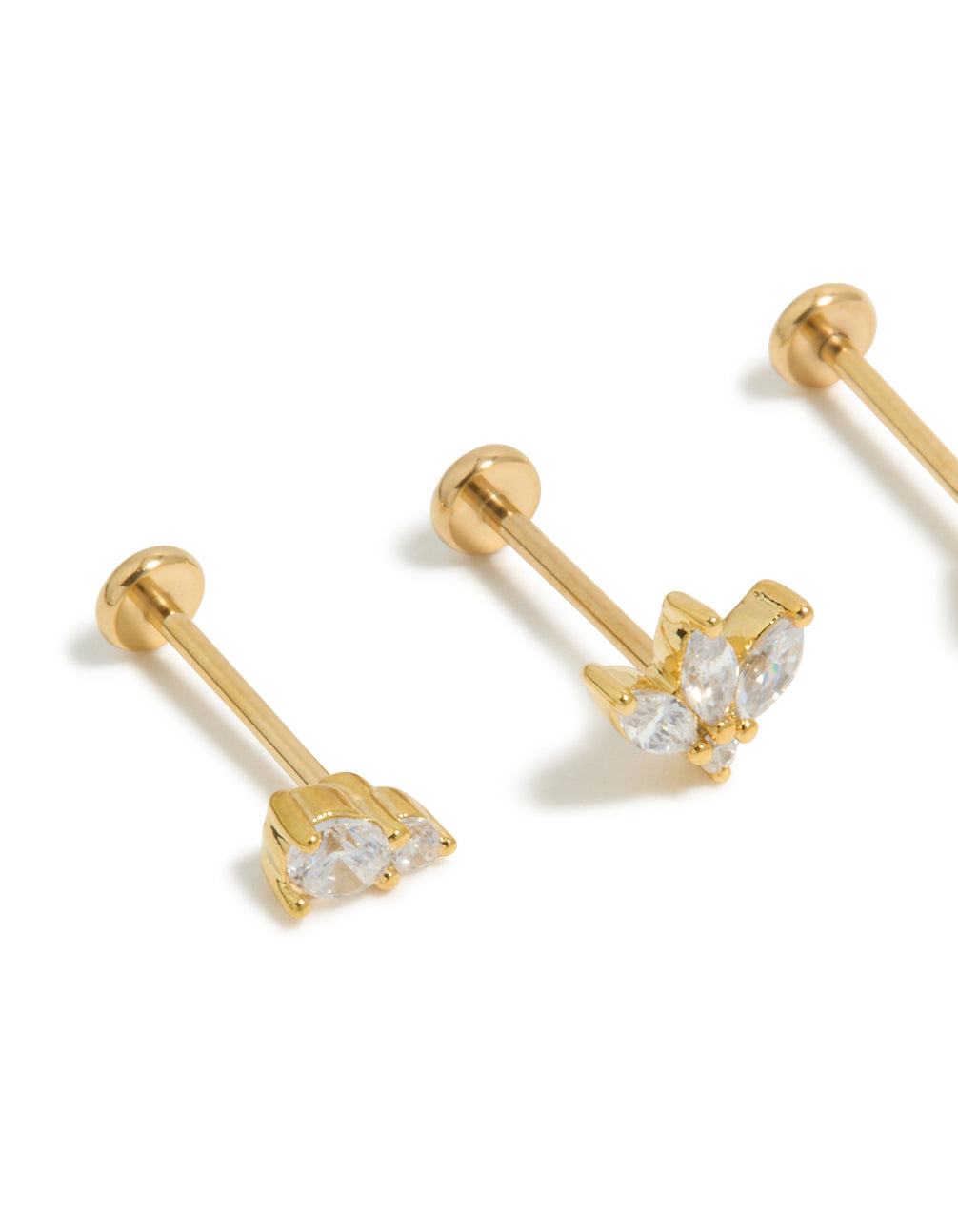 Gold Plated Surgical Steel Double Cubic Zirconia Flat Backs 3-Pack