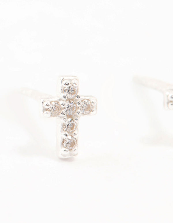 Cubic Zirconia Cross Sterling Silver Stud Earrings