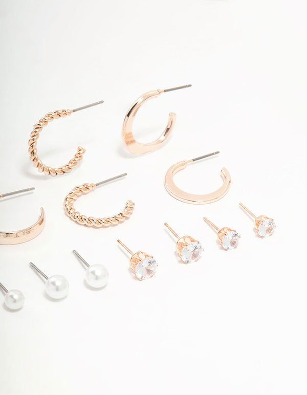 Rose Gold Pearl & Diamante Hoop Earrings 8-Pack