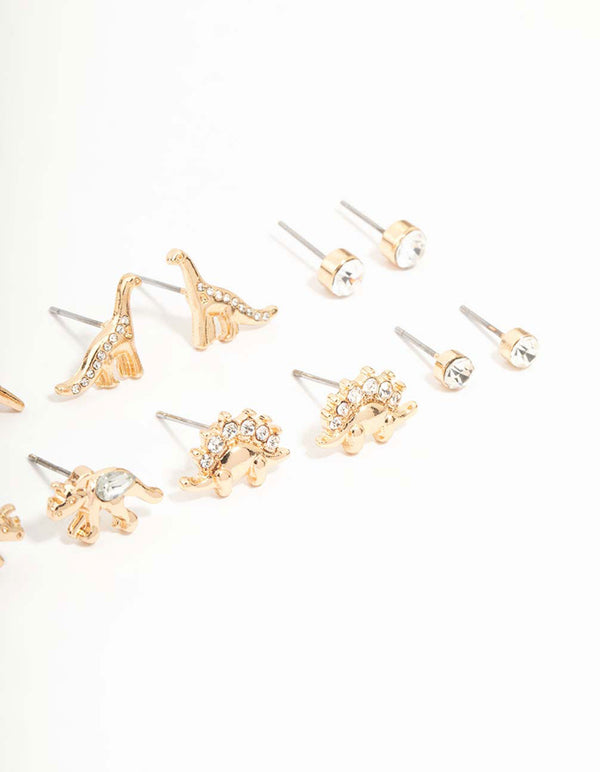 Gold Dinosaur & Diamante Stud Earrings 8-Pack