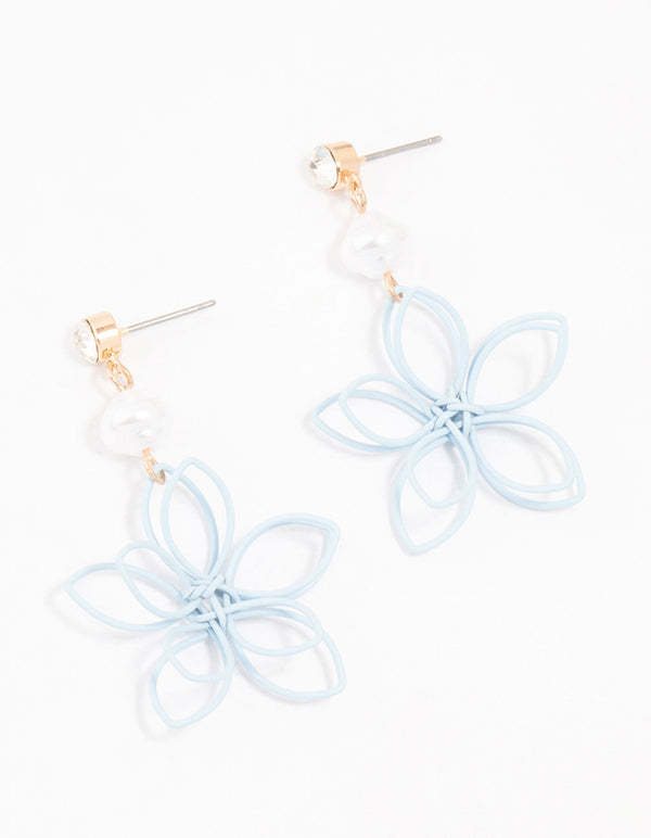 Blue Coated Metal Wire Flower Pearl Drop Earrings