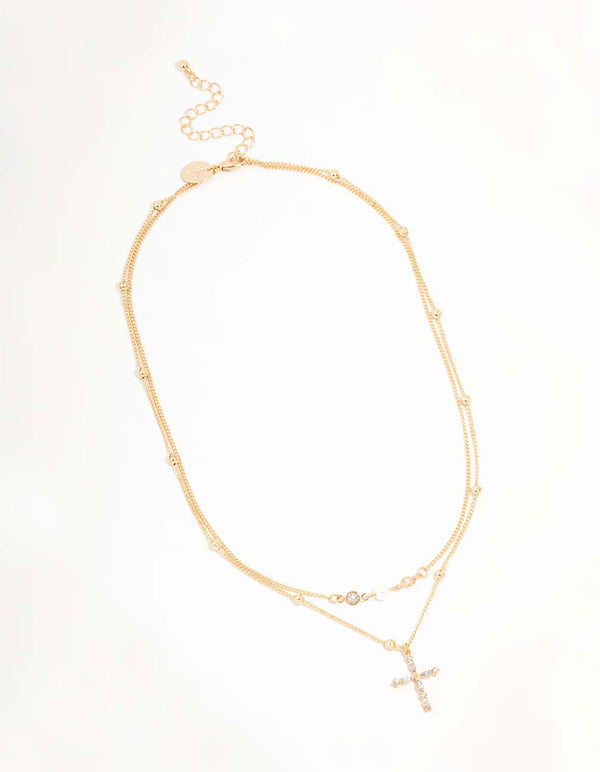 Gold Layered Diamante Cross & Pearl Necklace