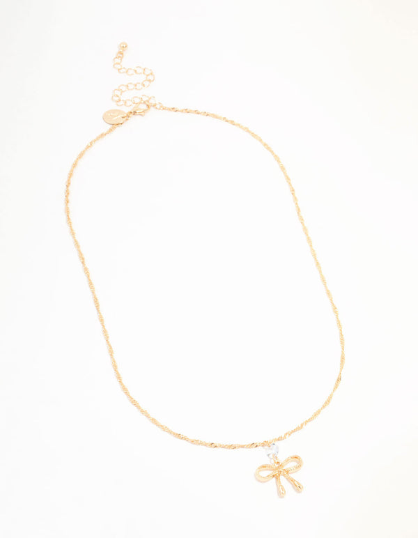 Gold Twisted Diamante Bow Chain Necklace