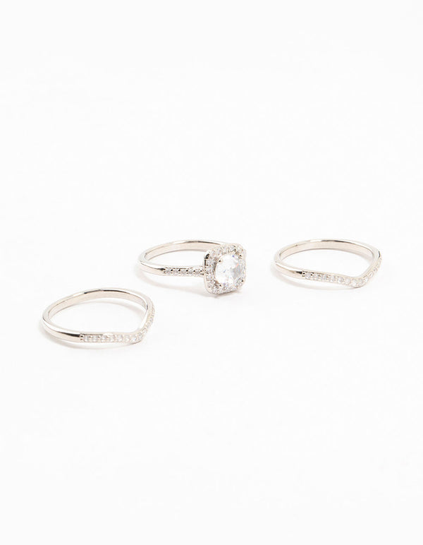Showcasing a silver pointed and halo ring pack featuring cubic zirconia with halo cut stones front view