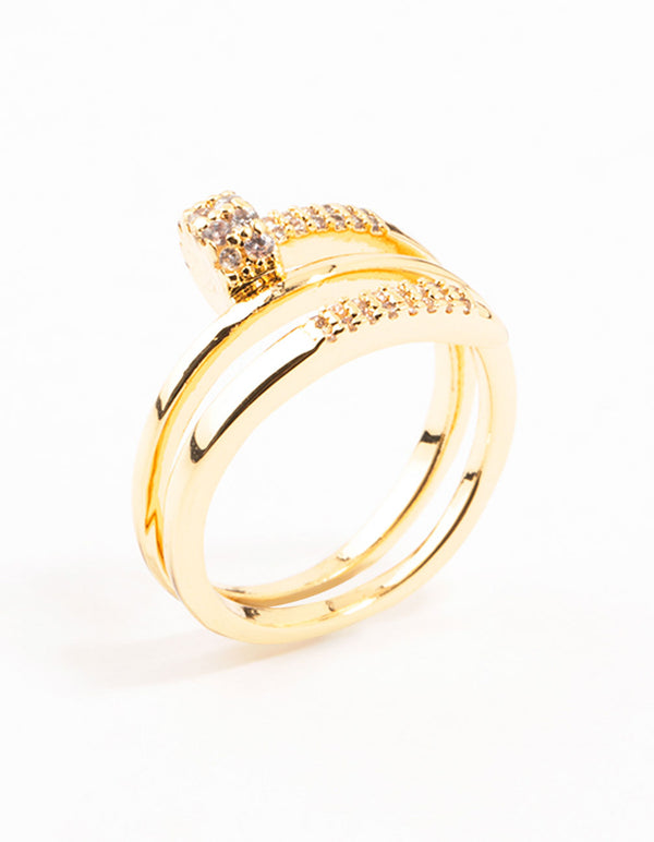 Elegant gold plated cubic zirconia nail wrapped ring with statement design side detail view