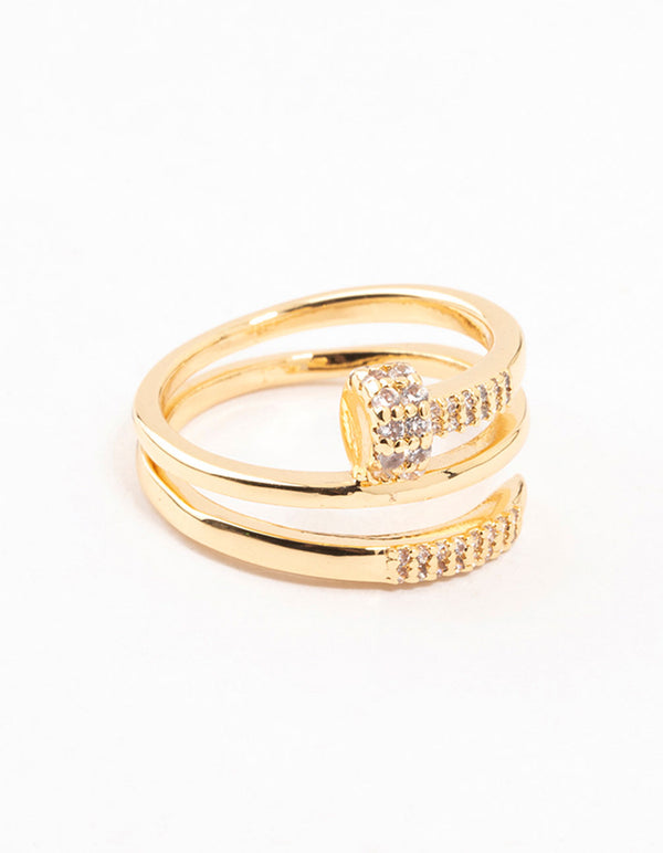 Showcasing a gold plated cubic zirconia nail wrapped ring in statement style front view