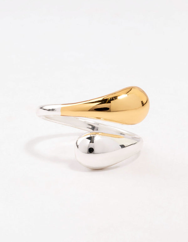 Beautifully crafted mixed puffy double end wrapped ring in gold and silver front view
