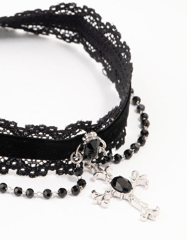 Black Fabric Gothic Cross Beaded Choker