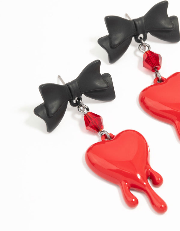 Black & Red Heart Droplet Bow Drop Earrings