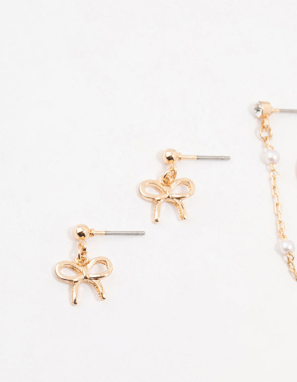 Gold Pearl Chain & Bow Earrings 3-Pack