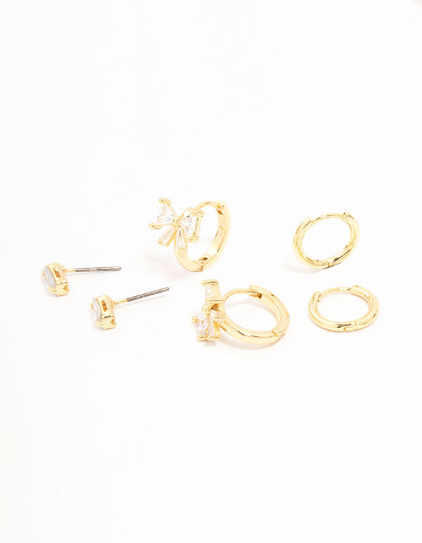Real Gold Plated Baguette Cut Cubic Zirconia Bow Huggie Earrings 3-Pack