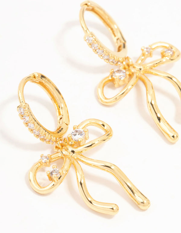 Real Gold Plated Cubic Zirconia Speckled Bow Huggie Earrings