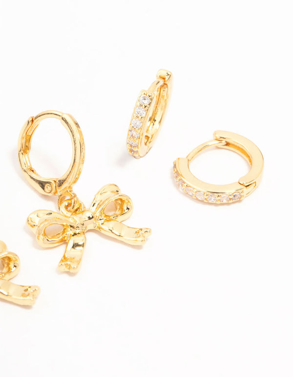Gold Plated Brass Bow Drop & Cubic Zirconia Huggie & Stud Earrings 3-Pack