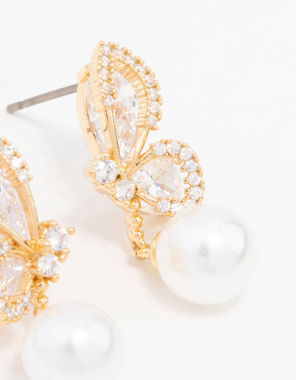 Gold Plated Cubic Zirconia Butterfly Pearl Drop Earrings