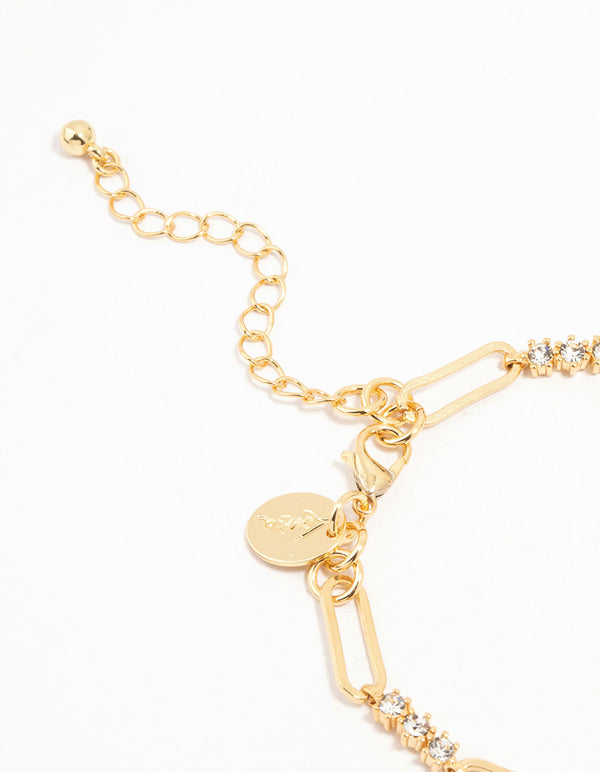 Gold Plated Brass Alternating Trio Cubic Zirconia Rectangle Link Bracelet