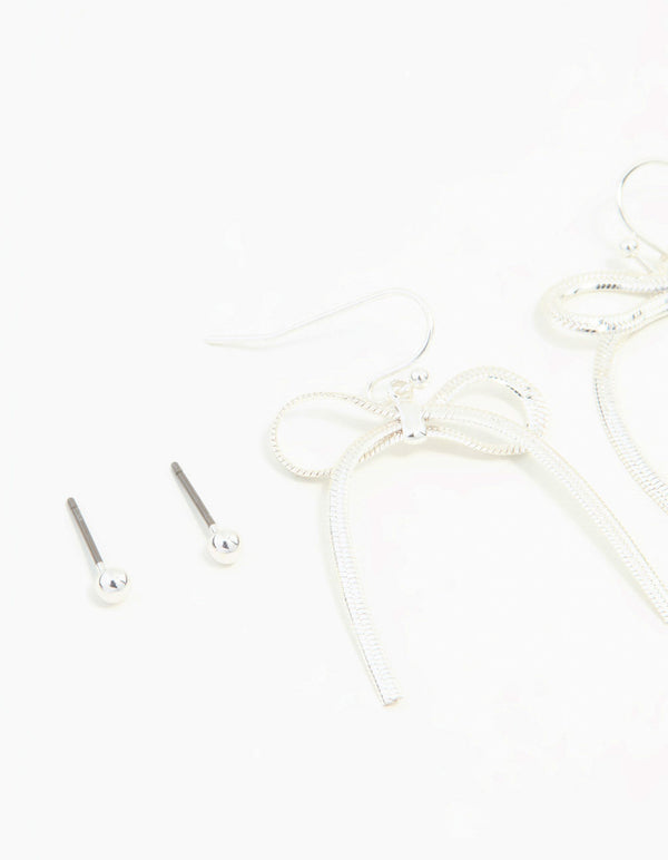Silver Sleek Ball, Diamante & Bow Earrings 3-Pack