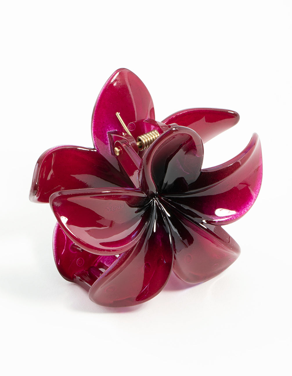 Discover this burgundy floral ombre hibiscus claw clip in crimson and maroon front view