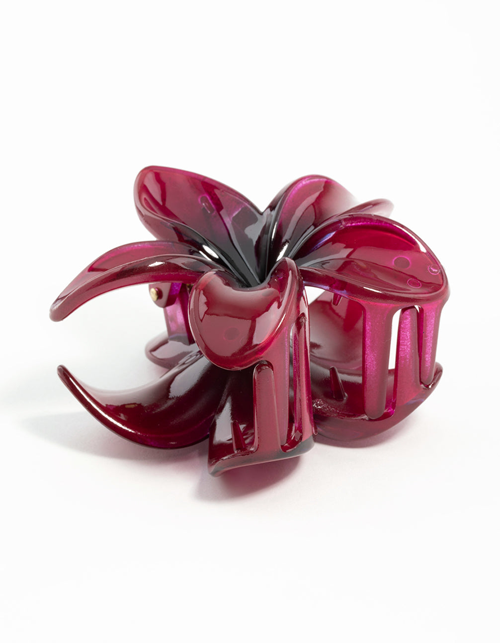 Crafted with burgundy ombre hibiscus claw clip in crimson and maroon side view