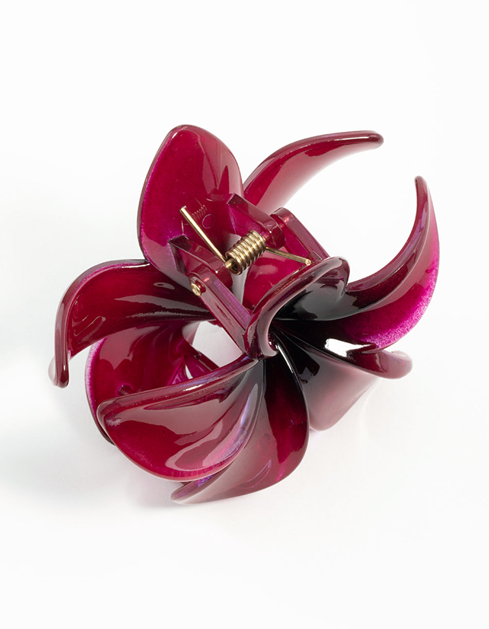 Showcasing burgundy ombre hibiscus claw clip in crimson and maroon detail view
