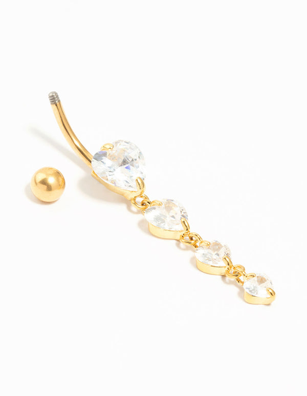 Gold Plated Titanium Graduating Cubic Zirconia Heart Drop Belly Bar