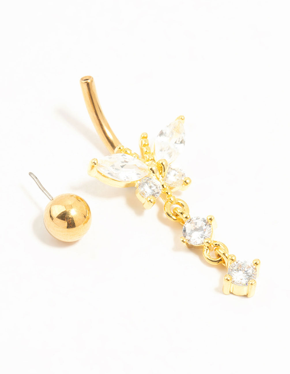 Gold Plated Titanium Cubic Zirconia Butterfly Drop Threadless Belly Bar