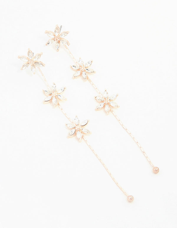 Rose Gold Diamante Flower Trail Drop Earrings