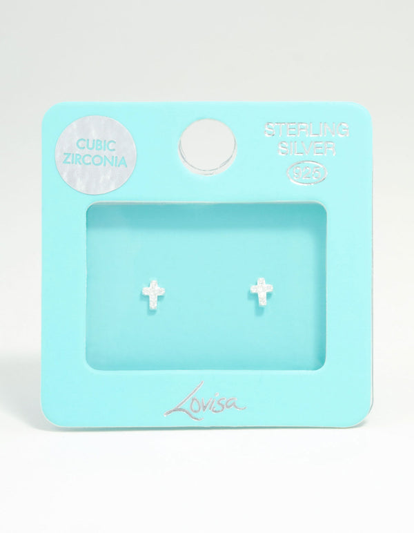 Sterling Silver Mini Cubic Zirconia Cross Stud Earrings
