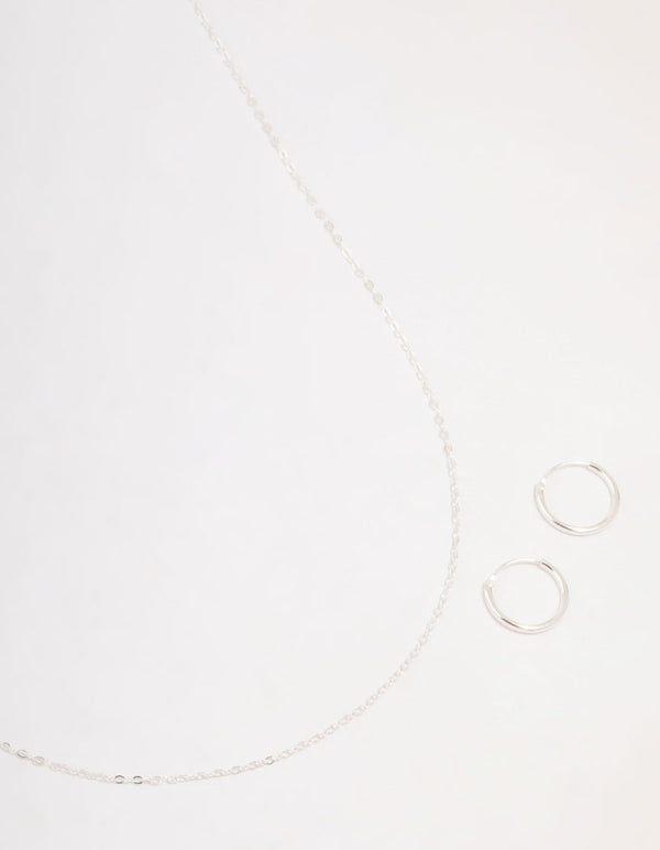 Sterling Silver Chain Necklace & Hoop Earrings Set