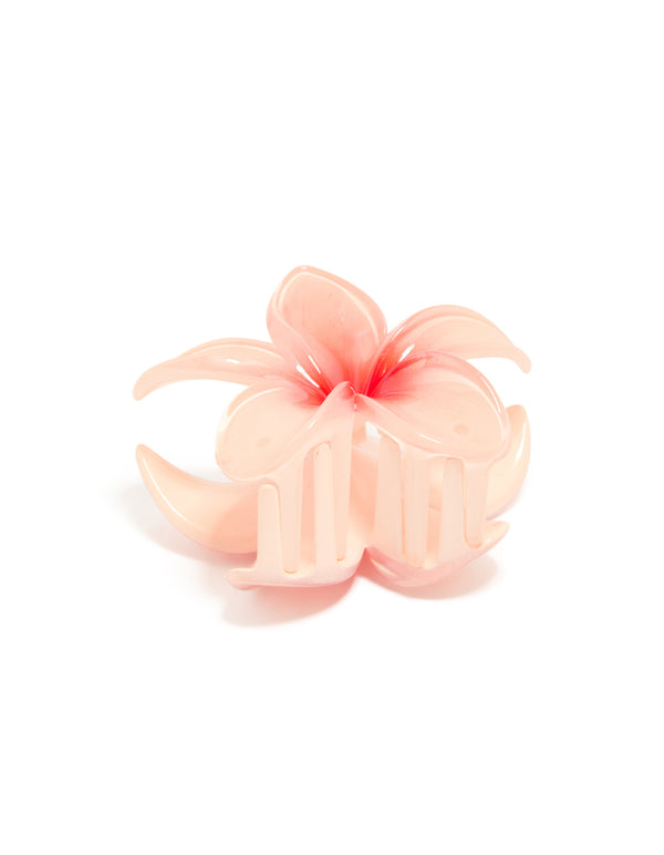 Beautifully crafted pink ombre hibiscus flower claw clip featuring in coral and peachpuff accents front view