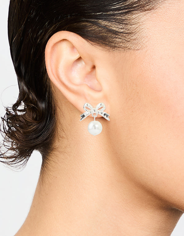 Silver Bow & Pearl Small Drop Earrings
