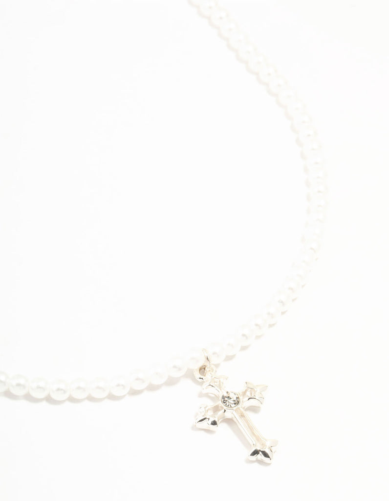 PEARL CROSS NECKLACE – OHTNYC Love Tokens necklace Hammered Silver
