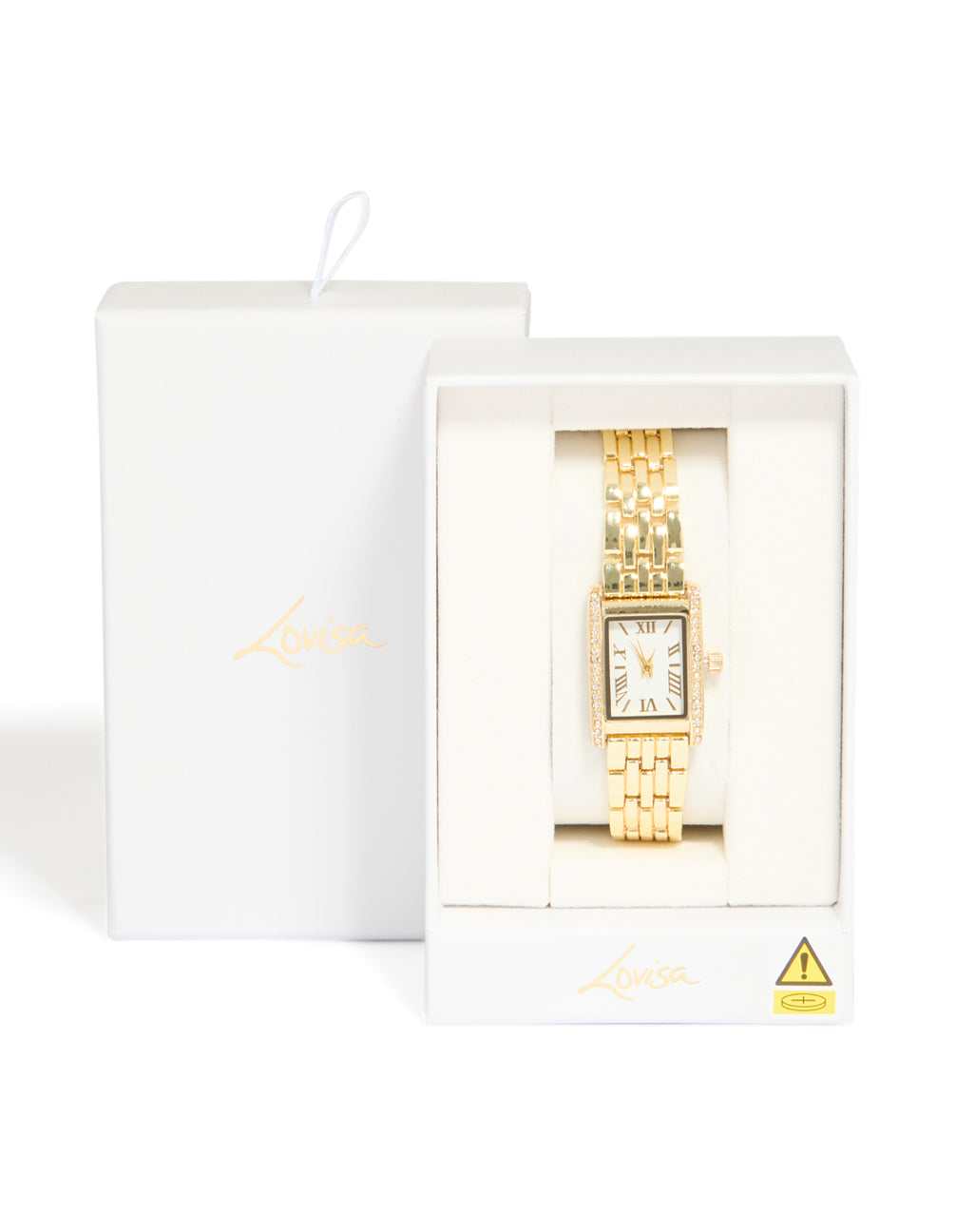 Displaying a gold and diamante Roman numeral watch featuring a white dial, rectangular shape, link band strap, analog type designed for women's formal occasions, shown in packaging case detail view