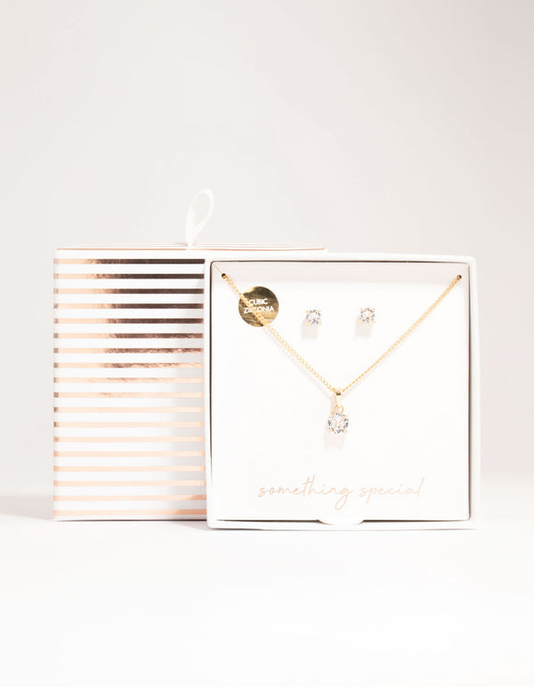 Gold Cubic Zirconia Solitaire Necklace & Stud Earrings Set